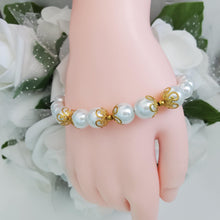 Load image into Gallery viewer, Handmade gold accented white pearl bracelet, gold and white or custom color - Pearl Bracelet - Handmade Bracelet - Bracelets