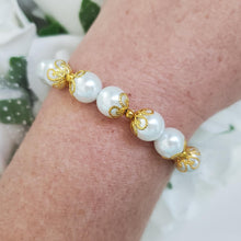Load image into Gallery viewer, Handmade gold accented white pearl bracelet, gold and white or custom color - Pearl Bracelet - Handmade Bracelet - Bracelets