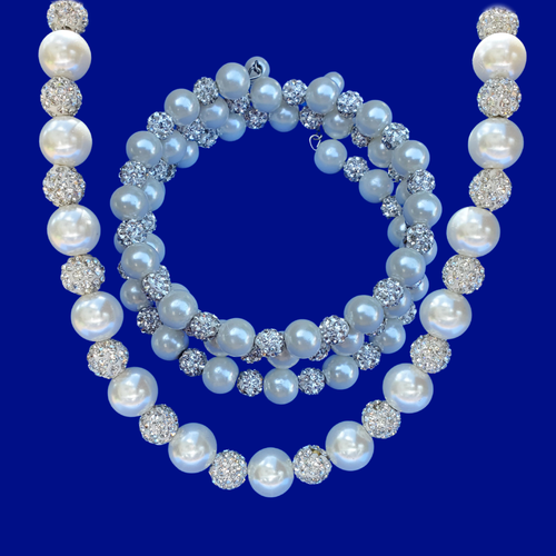 handmade pearl and crystal necklace accompanied by an expandable, multi-layer, wrap bracelet