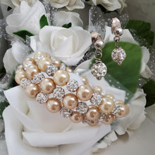 Load image into Gallery viewer, Handmade pearl and pave crystal rhinestone expandable, multi-layer, wrap bracelet accompanied by a pair of crystal stud earrings, champagne or custom color - Wedding Sets - Bracelet Sets - Proposal Bridesmaids