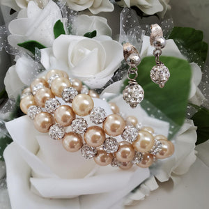 Handmade pearl and pave crystal rhinestone expandable, multi-layer, wrap bracelet accompanied by a pair of crystal stud earrings, champagne or custom color - Wedding Sets - Bracelet Sets - Proposal Bridesmaids