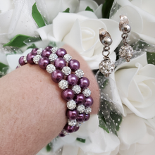 Load image into Gallery viewer, Handmade pearl and pave crystal rhinestone expandable, multi-layer, wrap bracelet accompanied by a pair of crystal stud earrings, burgundy red or custom color - Wedding Sets - Bracelet Sets - Proposal Bridesmaids