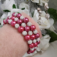 Load image into Gallery viewer, Handmade pearl and pave crystal rhinestone expandable, multi-layer, wrap bracelet accompanied by a pair of crystal stud earrings, dark pink or custom color - Wedding Sets - Bracelet Sets - Proposal Bridesmaids