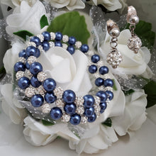 Load image into Gallery viewer, Handmade pearl and pave crystal rhinestone expandable, multi-layer, wrap bracelet accompanied by a pair of crystal stud earrings, dark blue or custom color - Wedding Sets - Bracelet Sets - Proposal Bridesmaids