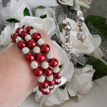 Load image into Gallery viewer, Handmade pearl and pave crystal rhinestone expandable, multi-layer, wrap bracelet accompanied by a pair of crystal stud earrings, bordeaux red or custom color - Wedding Sets - Bracelet Sets - Proposal Bridesmaids