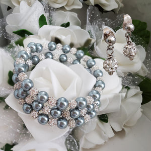 Handmade pearl and pave crystal rhinestone expandable, multi-layer, wrap bracelet accompanied by a pair of crystal stud earrings, dark grey or custom color - Wedding Sets - Bracelet Sets - Proposal Bridesmaids