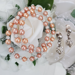 Handmade pearl and pave crystal rhinestone expandable, multi-layer, wrap bracelet accompanied by a pair of crystal stud earrings, powder orange or custom color - Wedding Sets - Bracelet Sets - Proposal Bridesmaids