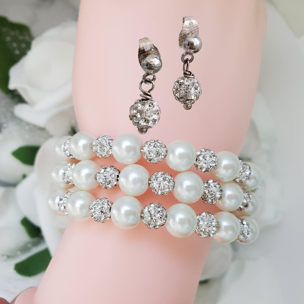 Handmade pearl and pave crystal rhinestone expandable, multi-layer, wrap bracelet accompanied by a pair of crystal stud earrings, ivory or custom color - Wedding Sets - Bracelet Sets - Proposal Bridesmaids