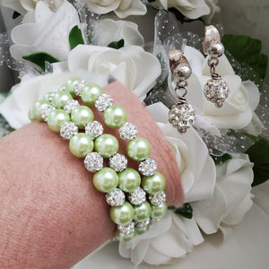 Handmade pearl and pave crystal rhinestone expandable, multi-layer, wrap bracelet accompanied by a pair of crystal stud earrings, light green or custom color - Wedding Sets - Bracelet Sets - Proposal Bridesmaids