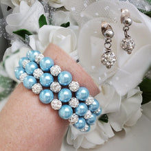 Load image into Gallery viewer, Handmade pearl and pave crystal rhinestone expandable, multi-layer, wrap bracelet accompanied by a pair of crystal stud earrings, light blue or custom color - Wedding Sets - Bracelet Sets - Proposal Bridesmaids