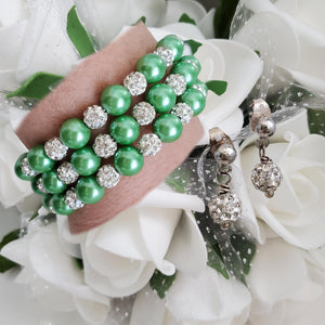 Handmade pearl and pave crystal rhinestone expandable, multi-layer, wrap bracelet accompanied by a pair of crystal stud earrings, green or custom color - Wedding Sets - Bracelet Sets - Proposal Bridesmaids