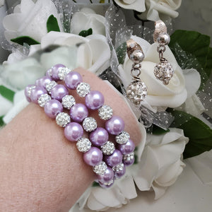 Handmade pearl and pave crystal rhinestone expandable, multi-layer, wrap bracelet accompanied by a pair of crystal stud earrings, lavender purple or custom color - Wedding Sets - Bracelet Sets - Proposal Bridesmaids
