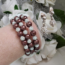 Load image into Gallery viewer, Handmade pearl and pave crystal rhinestone expandable, multi-layer, wrap bracelet accompanied by a pair of crystal stud earrings, chocolate brown or custom color - Wedding Sets - Bracelet Sets - Proposal Bridesmaids