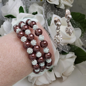 Handmade pearl and pave crystal rhinestone expandable, multi-layer, wrap bracelet accompanied by a pair of crystal stud earrings, chocolate brown or custom color - Wedding Sets - Bracelet Sets - Proposal Bridesmaids