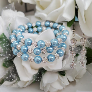 Handmade pearl and pave crystal rhinestone expandable, multi-layer, wrap bracelet accompanied by a pair of crystal drop earrings, light blue and silver or custom color - Bracelet Sets - Earring Sets - Wedding Sets