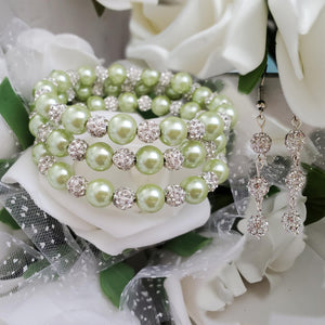 Handmade pearl and pave crystal rhinestone expandable, multi-layer, wrap bracelet accompanied by a pair of crystal drop earrings, light green and silver or custom color - Bracelet Sets - Earring Sets - Wedding Sets