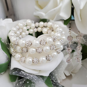 Handmade pearl and pave crystal rhinestone expandable, multi-layer, wrap bracelet accompanied by a pair of crystal drop earrings, ivory and silver or custom color - Bracelet Sets - Earring Sets - Wedding Sets