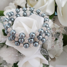 Load image into Gallery viewer, Handmade pearl and pave crystal rhinestone expandable, multi-layer, wrap bracelet accompanied by a pair of crystal drop earrings, dark grey and silver or custom color - Bracelet Sets - Earring Sets - Wedding Sets