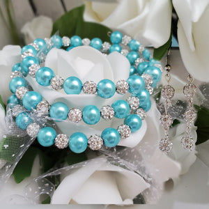 Handmade pearl and pave crystal rhinestone expandable, multi-layer, wrap bracelet accompanied by a pair of crystal drop earrings, aquamarine blue and silver or custom color - Bracelet Sets - Earring Sets - Wedding Sets