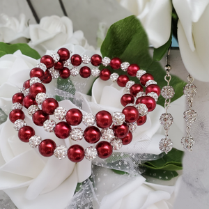 Handmade pearl and pave crystal rhinestone expandable, multi-layer, wrap bracelet accompanied by a pair of crystal drop earrings, bordeaux red and silver or custom color - Bracelet Sets - Earring Sets - Wedding Sets
