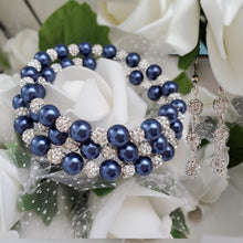 Load image into Gallery viewer, Handmade pearl and pave crystal rhinestone expandable, multi-layer, wrap bracelet accompanied by a pair of crystal drop earrings, dark blue and silver or custom color - Bracelet Sets - Earring Sets - Wedding Sets