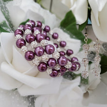 Load image into Gallery viewer, Handmade pearl and pave crystal rhinestone expandable, multi-layer, wrap bracelet accompanied by a pair of crystal drop earrings, burgundy red and silver or custom color - Bracelet Sets - Earring Sets - Wedding Sets