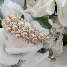 Load image into Gallery viewer, Handmade pearl and pave crystal rhinestone expandable, multi-layer, wrap bracelet accompanied by a pair of crystal drop earrings, champagne and silver or custom color - Bracelet Sets - Earring Sets - Wedding Sets