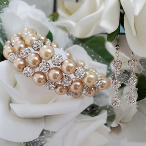 Handmade pearl and pave crystal rhinestone expandable, multi-layer, wrap bracelet accompanied by a pair of crystal drop earrings, champagne and silver or custom color - Bracelet Sets - Earring Sets - Wedding Sets