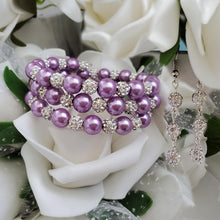 Load image into Gallery viewer, Handmade pearl and pave crystal rhinestone expandable, multi-layer, wrap bracelet accompanied by a pair of crystal drop earrings, lavender purple and silver or custom color - Bracelet Sets - Earring Sets - Wedding Sets