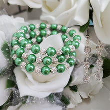 Load image into Gallery viewer, Handmade pearl and pave crystal rhinestone expandable, multi-layer, wrap bracelet accompanied by a pair of crystal drop earrings, green and silver or custom color - Bracelet Sets - Earring Sets - Wedding Sets