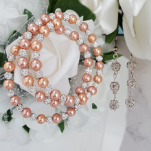 Load image into Gallery viewer, Handmade pearl and pave crystal rhinestone expandable, multi-layer, wrap bracelet accompanied by a pair of crystal drop earrings, powder orange and silver or custom color - Bracelet Sets - Earring Sets - Wedding Sets