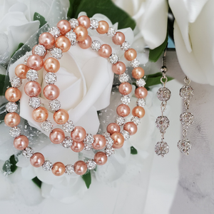 Handmade pearl and pave crystal rhinestone expandable, multi-layer, wrap bracelet accompanied by a pair of crystal drop earrings, powder orange and silver or custom color - Bracelet Sets - Earring Sets - Wedding Sets