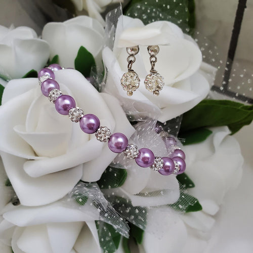 Handmade pearl and pave crystal rhinestone bracelet accompanied by a pair of crystal stud earrings, lavender purple or custom color - Pearl Set - Rhinestone Jewelry Set - Bracelet Set