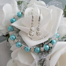 Load image into Gallery viewer, Handmade pearl and pave crystal rhinestone bracelet accompanied by a pair of crystal drop earrings, aquamarine blue and silver or custom color - Pearl Set - Bracelet Set - Earring Set - Pearl Jewelry Set
