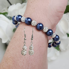 Load image into Gallery viewer, Handmade pearl and pave crystal rhinestone bracelet accompanied by a pair of crystal drop earrings, dark blue and silver or custom color - Pearl Set - Bracelet Set - Earring Set - Pearl Jewelry Set