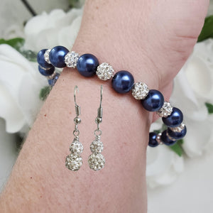 Handmade pearl and pave crystal rhinestone bracelet accompanied by a pair of crystal drop earrings, dark blue and silver or custom color - Pearl Set - Bracelet Set - Earring Set - Pearl Jewelry Set