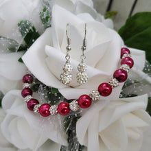 Load image into Gallery viewer, Handmade pearl and pave crystal rhinestone bracelet accompanied by a pair of crystal drop earrings, dark pink and silver or custom color - Pearl Set - Bracelet Set - Earring Set - Pearl Jewelry Set