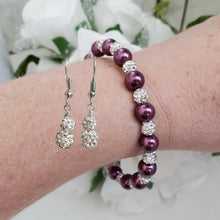 Load image into Gallery viewer, Handmade pearl and pave crystal rhinestone bracelet accompanied by a pair of crystal drop earrings, burgundy red and silver or custom color - Pearl Set - Bracelet Set - Earring Set - Pearl Jewelry Set