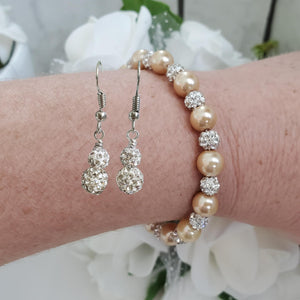 Handmade pearl and pave crystal rhinestone bracelet accompanied by a pair of crystal drop earrings, champagne and silver or custom color - Pearl Set - Bracelet Set - Earring Set - Pearl Jewelry Set