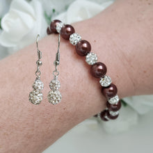 Load image into Gallery viewer, Handmade pearl and pave crystal rhinestone bracelet accompanied by a pair of crystal drop earrings, chocolate brown and silver or custom color - Pearl Set - Bracelet Set - Earring Set - Pearl Jewelry Set