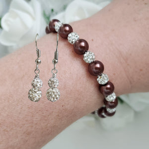 Handmade pearl and pave crystal rhinestone bracelet accompanied by a pair of crystal drop earrings, chocolate brown and silver or custom color - Pearl Set - Bracelet Set - Earring Set - Pearl Jewelry Set