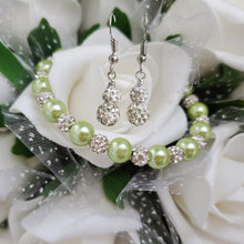 Load image into Gallery viewer, Handmade pearl and pave crystal rhinestone bracelet accompanied by a pair of crystal drop earrings, light green and silver or custom color - Pearl Set - Bracelet Set - Earring Set - Pearl Jewelry Set