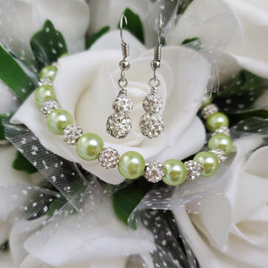 Handmade pearl and pave crystal rhinestone bracelet accompanied by a pair of crystal drop earrings, light green and silver or custom color - Pearl Set - Bracelet Set - Earring Set - Pearl Jewelry Set