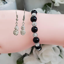 Load image into Gallery viewer, Handmade pearl and pave crystal rhinestone bracelet accompanied by a pair of crystal drop earrings, black and silver or custom color - Pearl Set - Bracelet Set - Earring Set - Pearl Jewelry Set