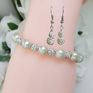 Handmade pearl and pave crystal rhinestone bracelet accompanied by a pair of crystal drop earrings, ivory and silver or custom color - Pearl Set - Bracelet Set - Earring Set - Pearl Jewelry Set