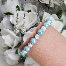 Load image into Gallery viewer, Handmade pearl and pave crystal rhinestone bracelet accompanied by a pair of crystal drop earrings, light blue and silver or custom color - Pearl Set - Bracelet Set - Earring Set - Pearl Jewelry Set