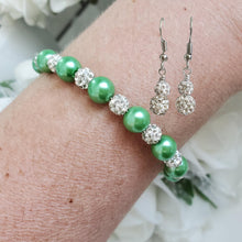 Load image into Gallery viewer, Handmade pearl and pave crystal rhinestone bracelet accompanied by a pair of crystal drop earrings, green and silver or custom color - Pearl Set - Bracelet Set - Earring Set - Pearl Jewelry Set