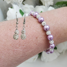 Load image into Gallery viewer, Handmade pearl and pave crystal rhinestone bracelet accompanied by a pair of crystal drop earrings, lavender purple and silver or custom color - Pearl Set - Bracelet Set - Earring Set - Pearl Jewelry Set