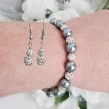 Load image into Gallery viewer, Handmade pearl and pave crystal rhinestone bracelet accompanied by a pair of crystal drop earrings, dark grey and silver or custom color - Pearl Set - Bracelet Set - Earring Set - Pearl Jewelry Set