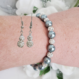 Handmade pearl and pave crystal rhinestone bracelet accompanied by a pair of crystal drop earrings, dark grey and silver or custom color - Pearl Set - Bracelet Set - Earring Set - Pearl Jewelry Set